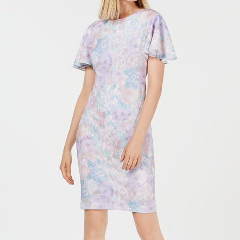Calvin Klein Pastel Floral Flutter-Sleeve Sheath Dress